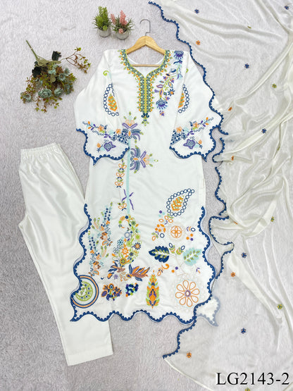 Star Silk Top Pant Set with Mirror Embroidery & Cutwork Dupatta