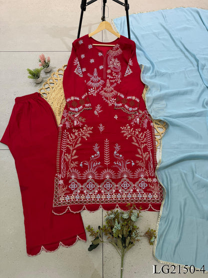 Mul Chanderi Top Pant Set with Embroidery & Cutwork Dupatta