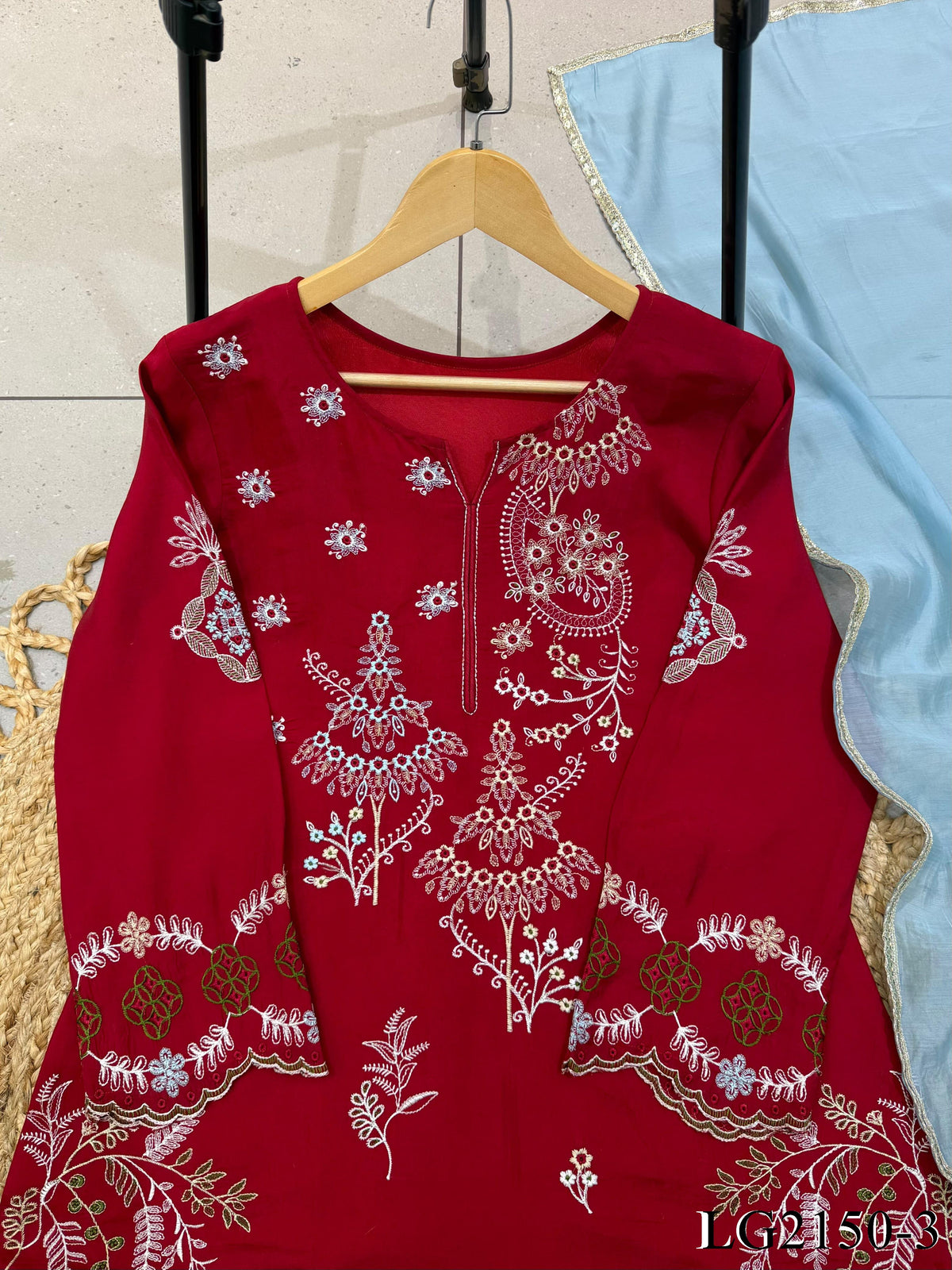 Mul Chanderi Top Pant Set with Embroidery & Cutwork Dupatta