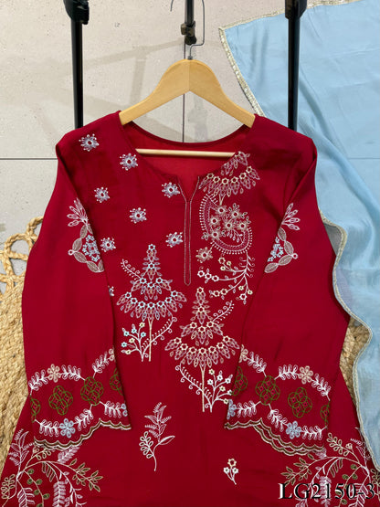 Mul Chanderi Top Pant Set with Embroidery & Cutwork Dupatta
