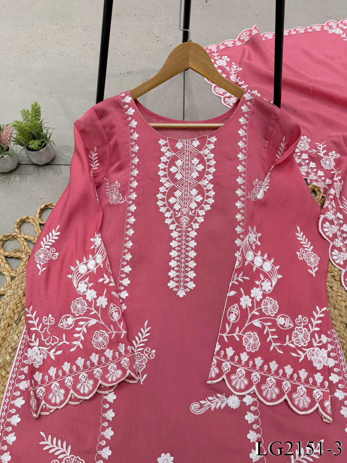 Mul Chanderi Top Pant Set with Embroidery & Cutwork Dupatta