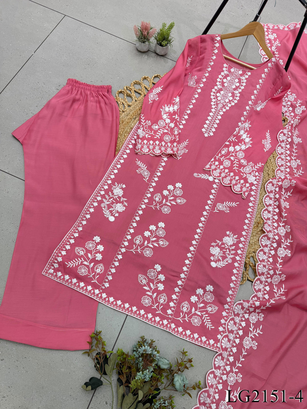 Mul Chanderi Top Pant Set with Embroidery & Cutwork Dupatta