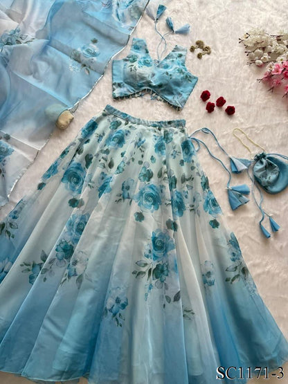 Pure Organza Silk Lehenga Set with Digital Print & 8mtr Flair