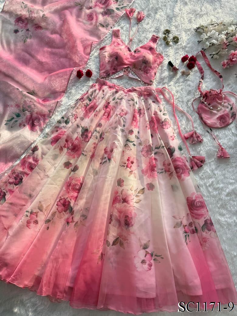 Pure Organza Silk Lehenga Set with Digital Print & 8mtr Flair