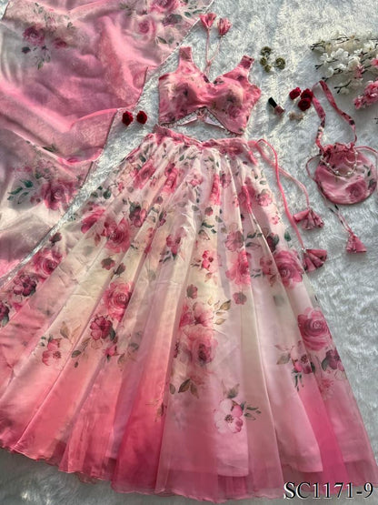 Pure Organza Silk Lehenga Set with Digital Print & 8mtr Flair