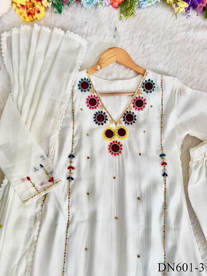Lightweight Mul Chanderi Top Pant Set with Multi-Thread Handwork & Dupatta