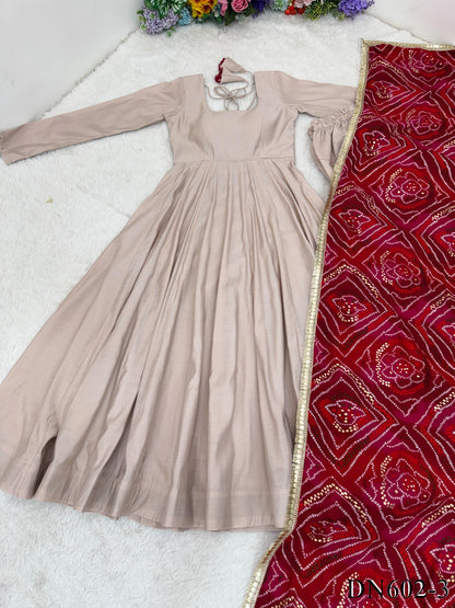 Heavy Roman Cotton Gown with Print & Lace Work Dupatta