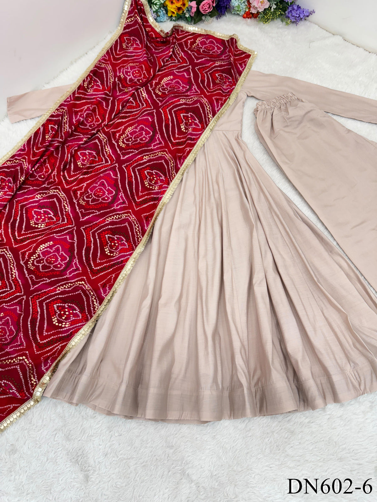 Heavy Roman Cotton Gown with Print & Lace Work Dupatta