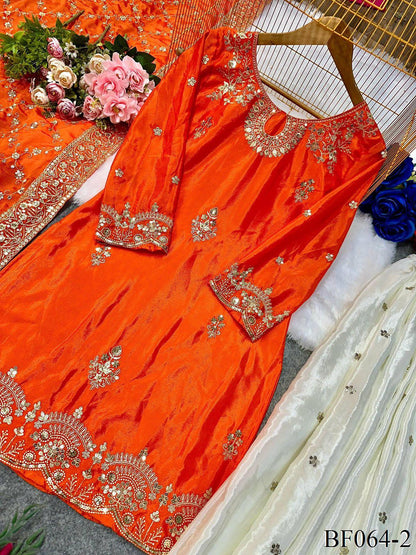 Heavy Chinon Silk Top Palazzo Set with Embroidery & Lace Work