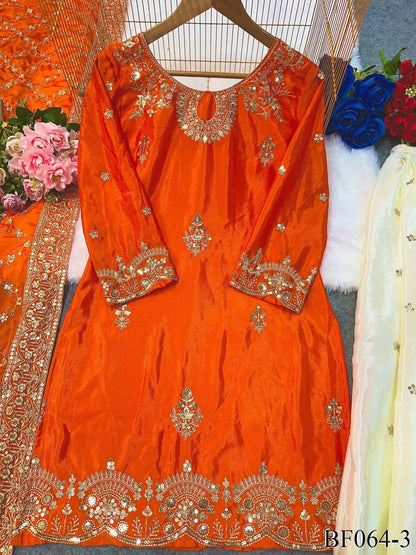 Heavy Chinon Silk Top Palazzo Set with Embroidery & Lace Work