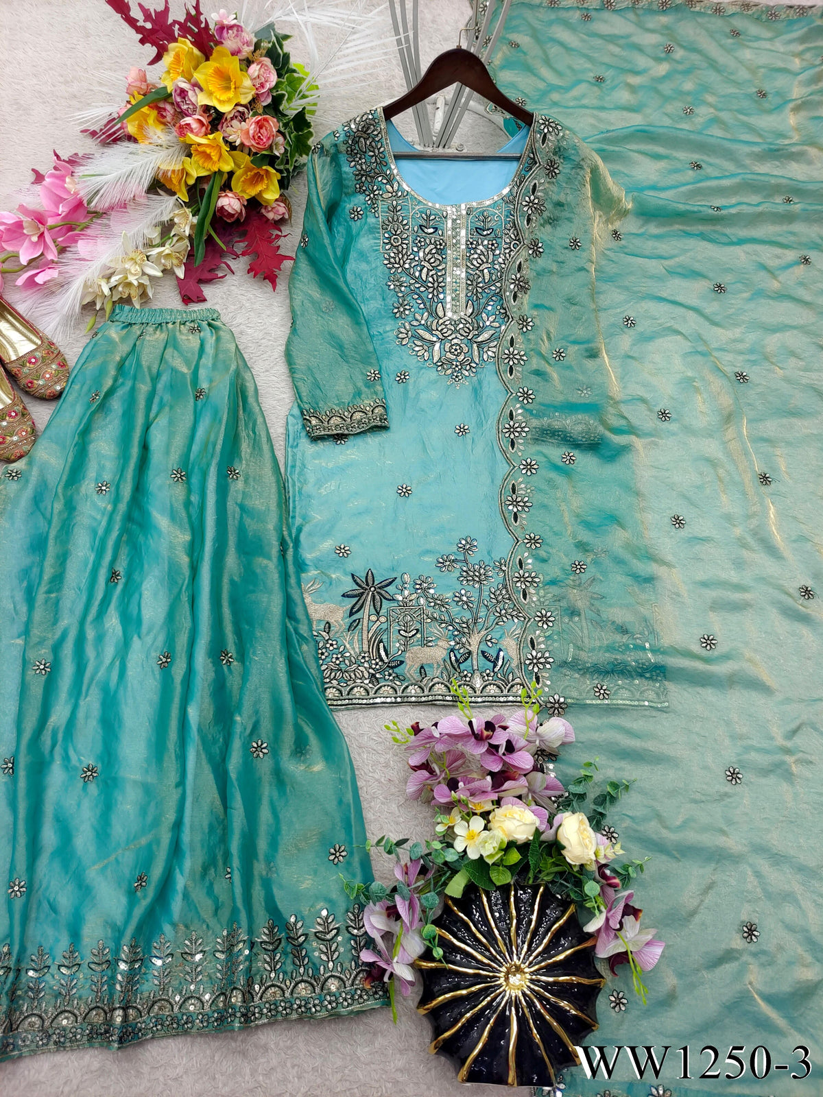 Pure Fendy Silk Top Palazzo Set with 5mm Sequin Embroidery Work