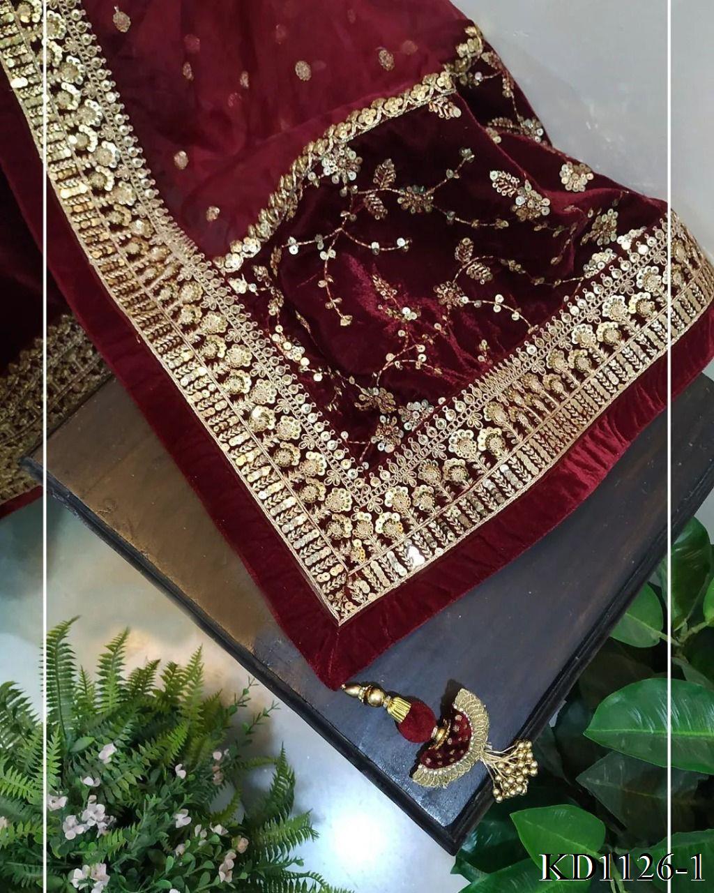 Maroon Color Velvet Fabric With Thread Sequience Work Top Dupatta