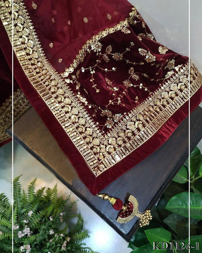 Maroon Color Velvet Fabric With Thread Sequience Work Top Dupatta