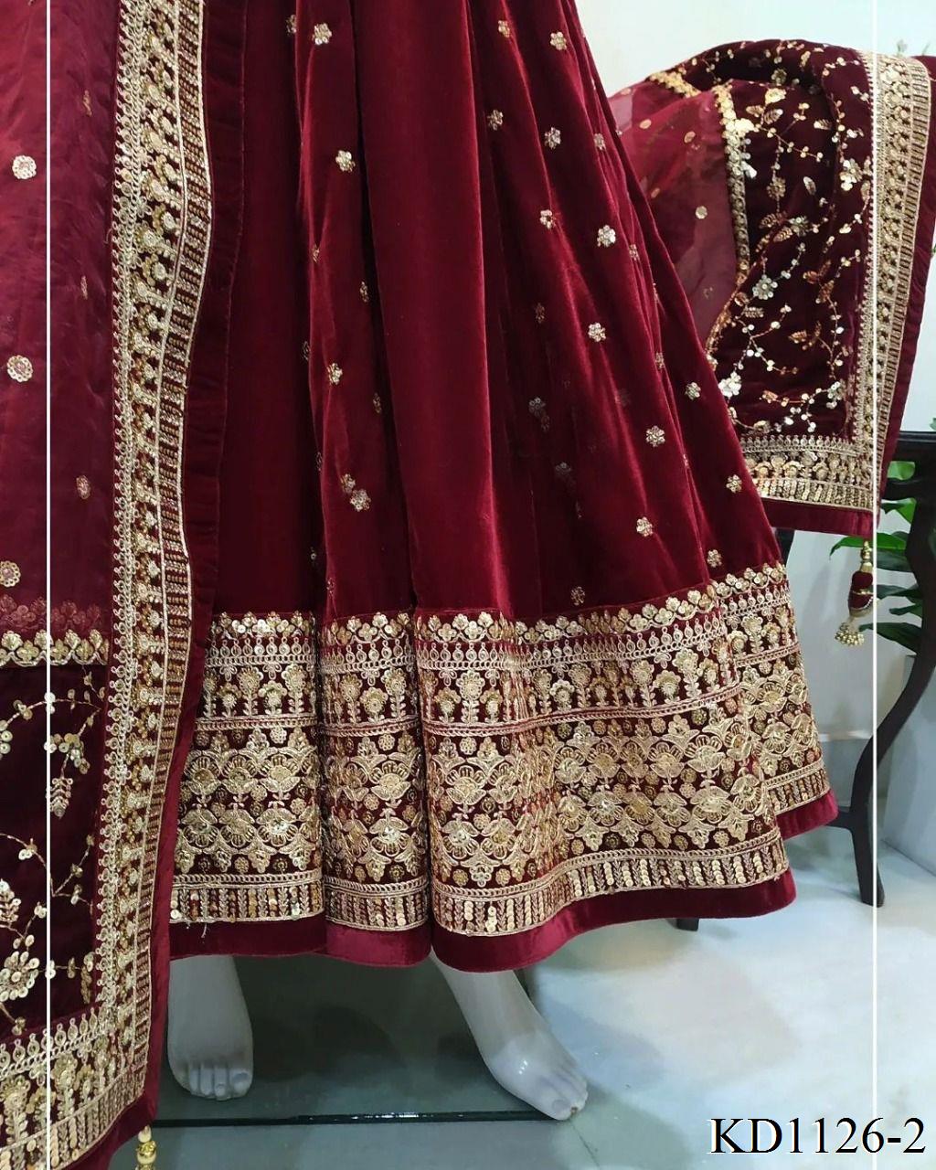 Maroon Color Velvet Fabric With Thread Sequience Work Top Dupatta