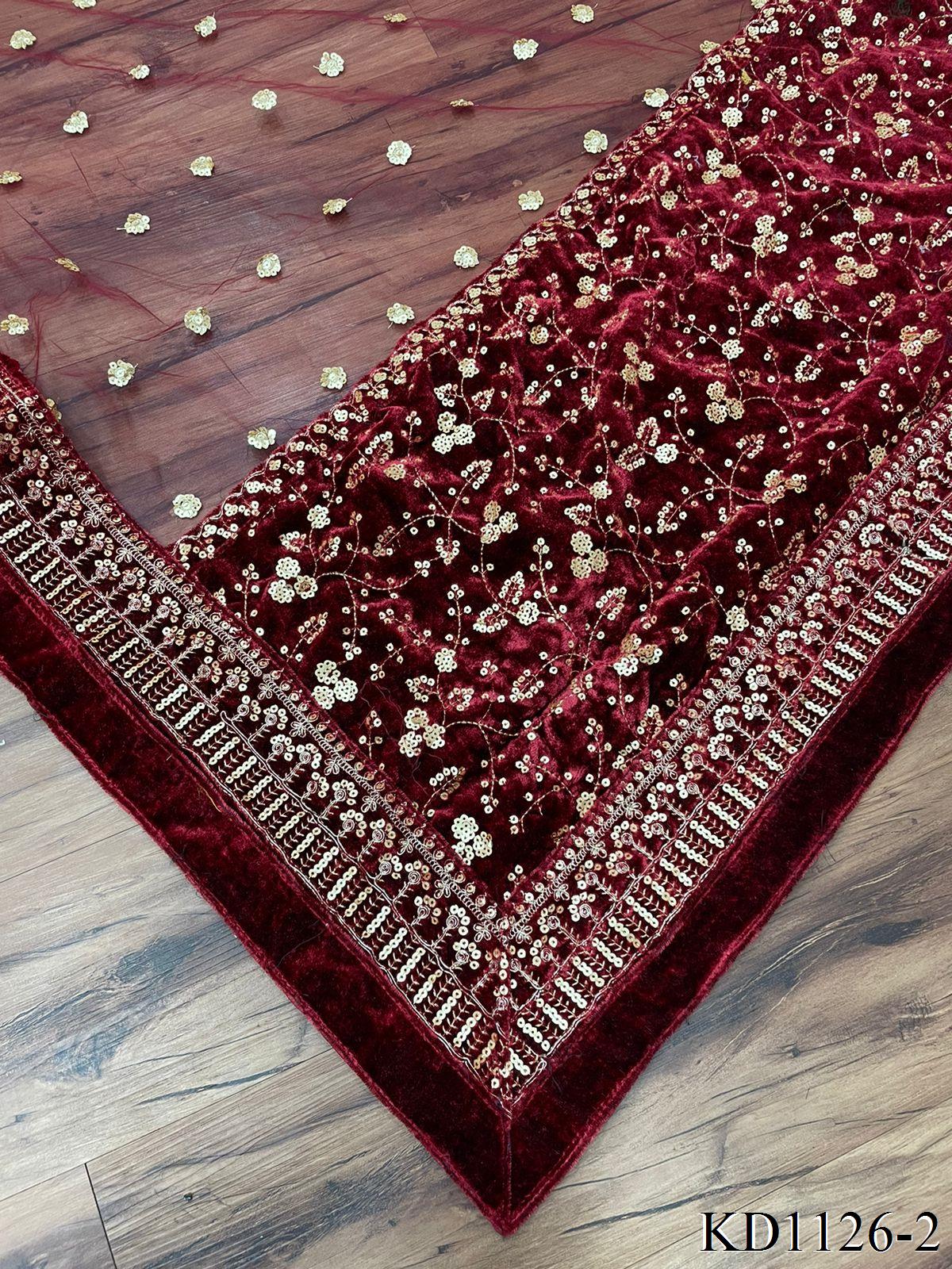 Maroon Color Velvet Fabric With Thread Sequience Work Top Dupatta