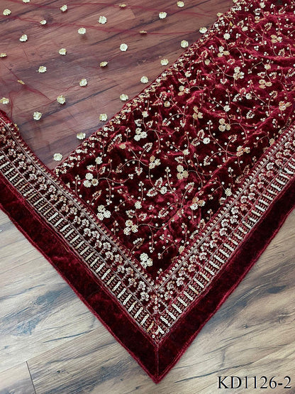 Maroon Color Velvet Fabric With Thread Sequience Work Top Dupatta