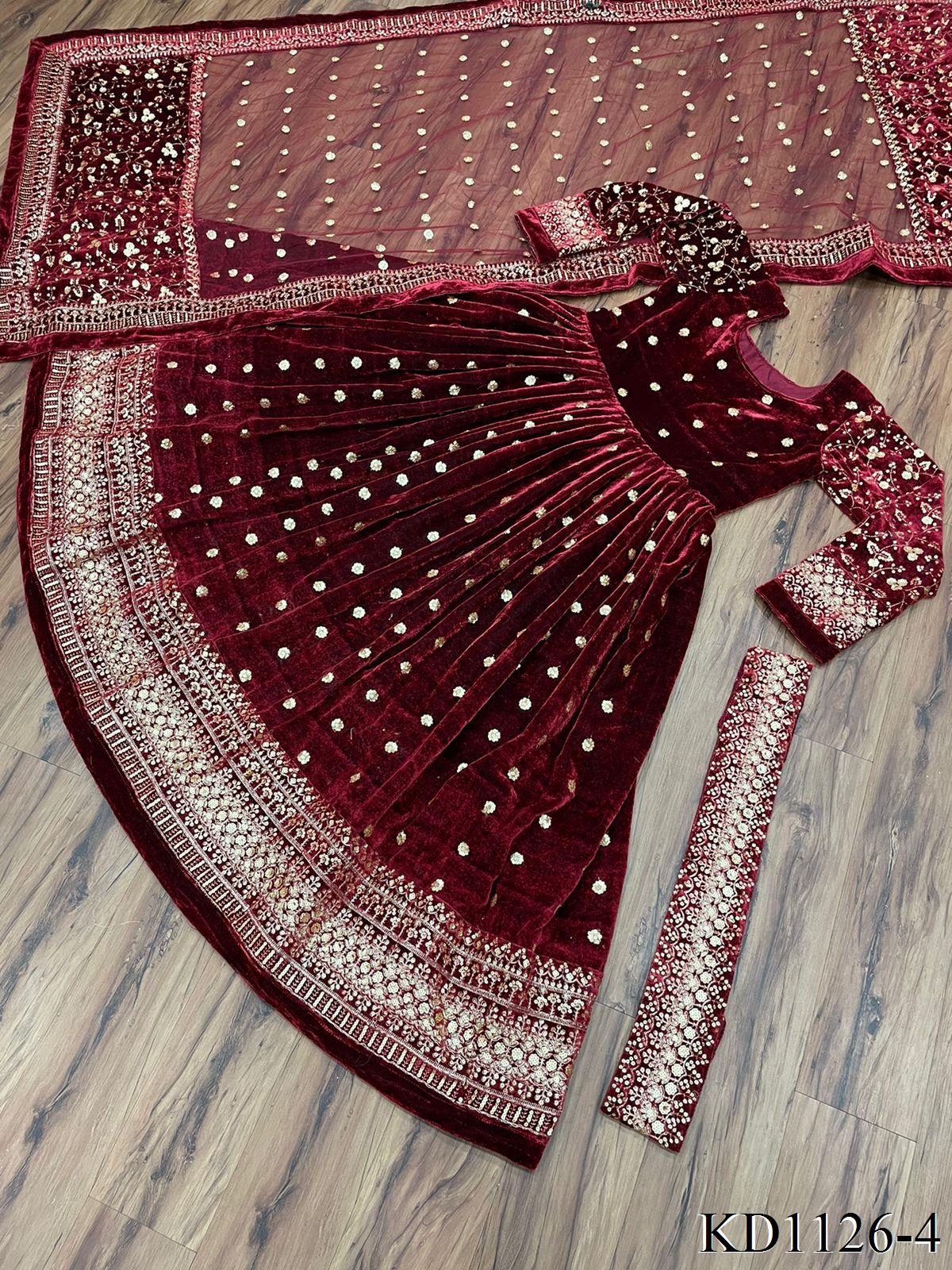 Maroon Color Velvet Fabric With Thread Sequience Work Top Dupatta