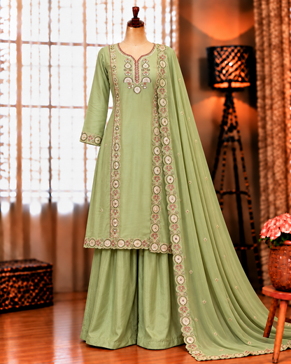 Mul Chanderi Top Pant Set with Sequin Embroidery & Cut Work