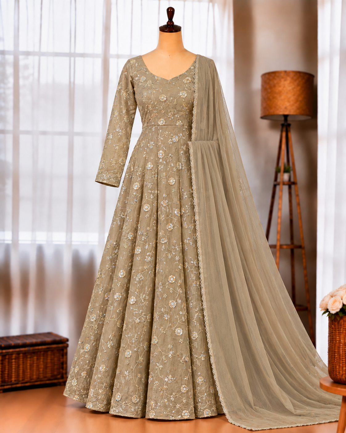 Heavy Fendi Crush Gown with Sequin Embroidery & Lace Dupatta