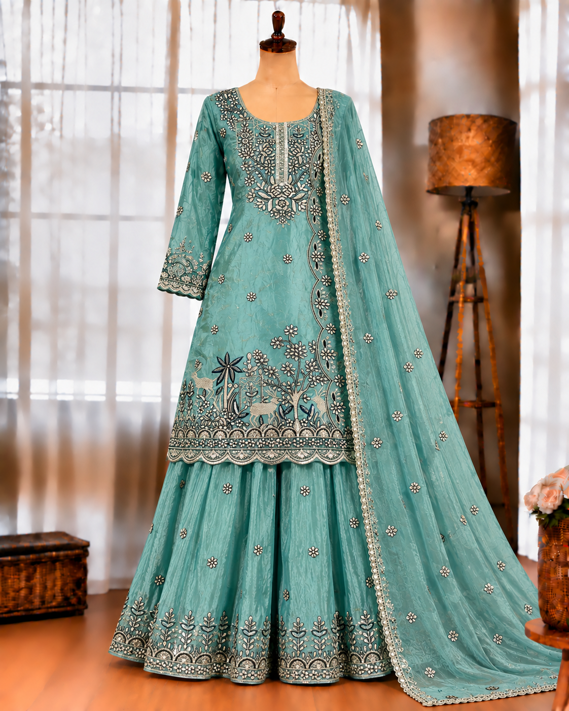 Pure Fendy Silk Top Palazzo Set with 5mm Sequin Embroidery Work