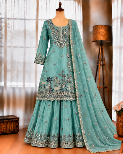 Pure Fendy Silk Top Palazzo Set with 5mm Sequin Embroidery Work