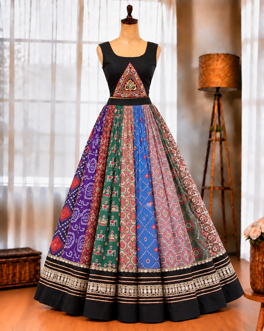 Cotton Printed Lehenga Set with Gota Patti &amp; Kutchi Mirror Work