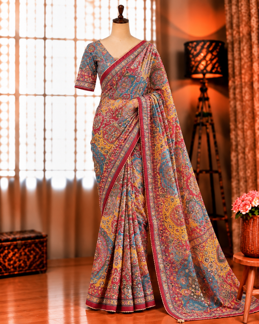 Soft Chinnon Printed Saree with Mirror, Sequin & Diamond Work