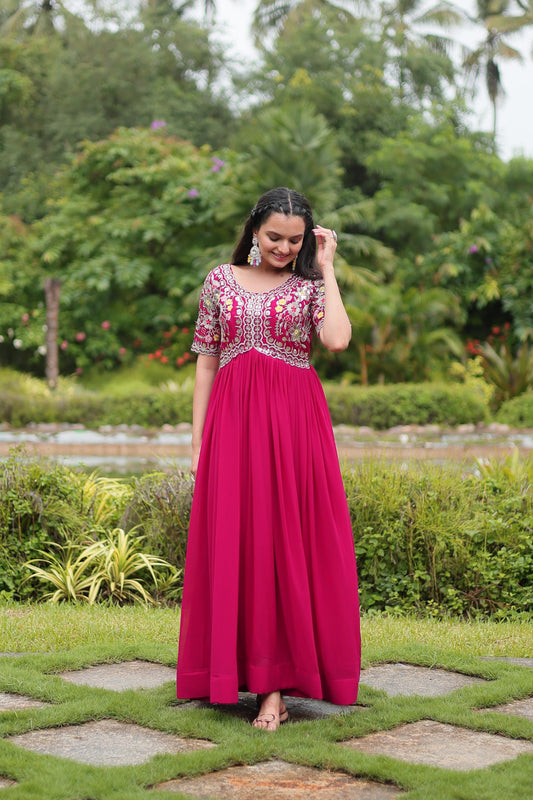 Embroidery Zari Work Gown With 3.5 Meter Flair