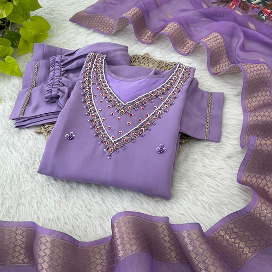 Purple Color Kurti Set With Handwork With 3/4 Sleeves