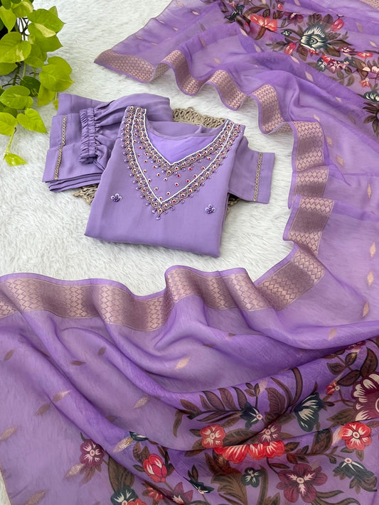 Purple Color Kurti Set With Handwork With 3/4 Sleeves