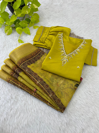 Roman Silk Fabric Hand Work Kurti Set For Special Occassion