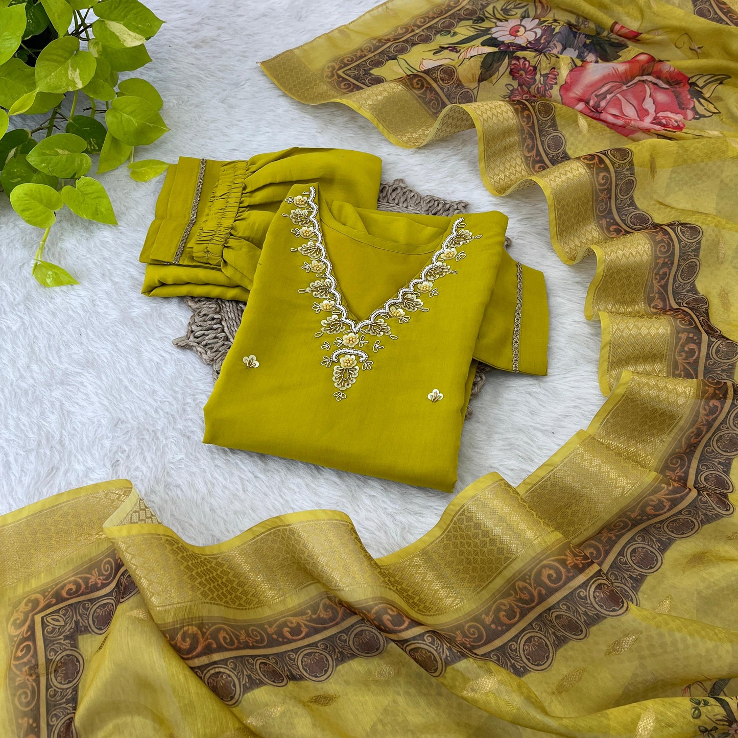 Roman Silk Fabric Hand Work Kurti Set For Special Occassion