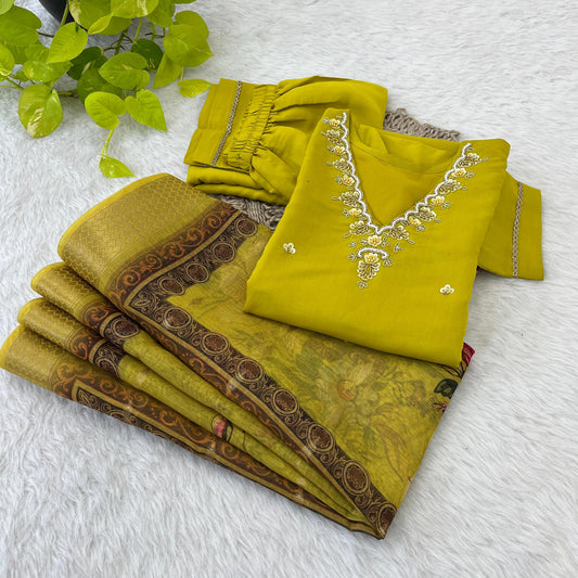 Roman Silk Fabric Hand Work Kurti Set For Special Occassion