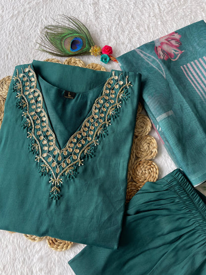 Premium Roman Silk Hand Work Kurti Set