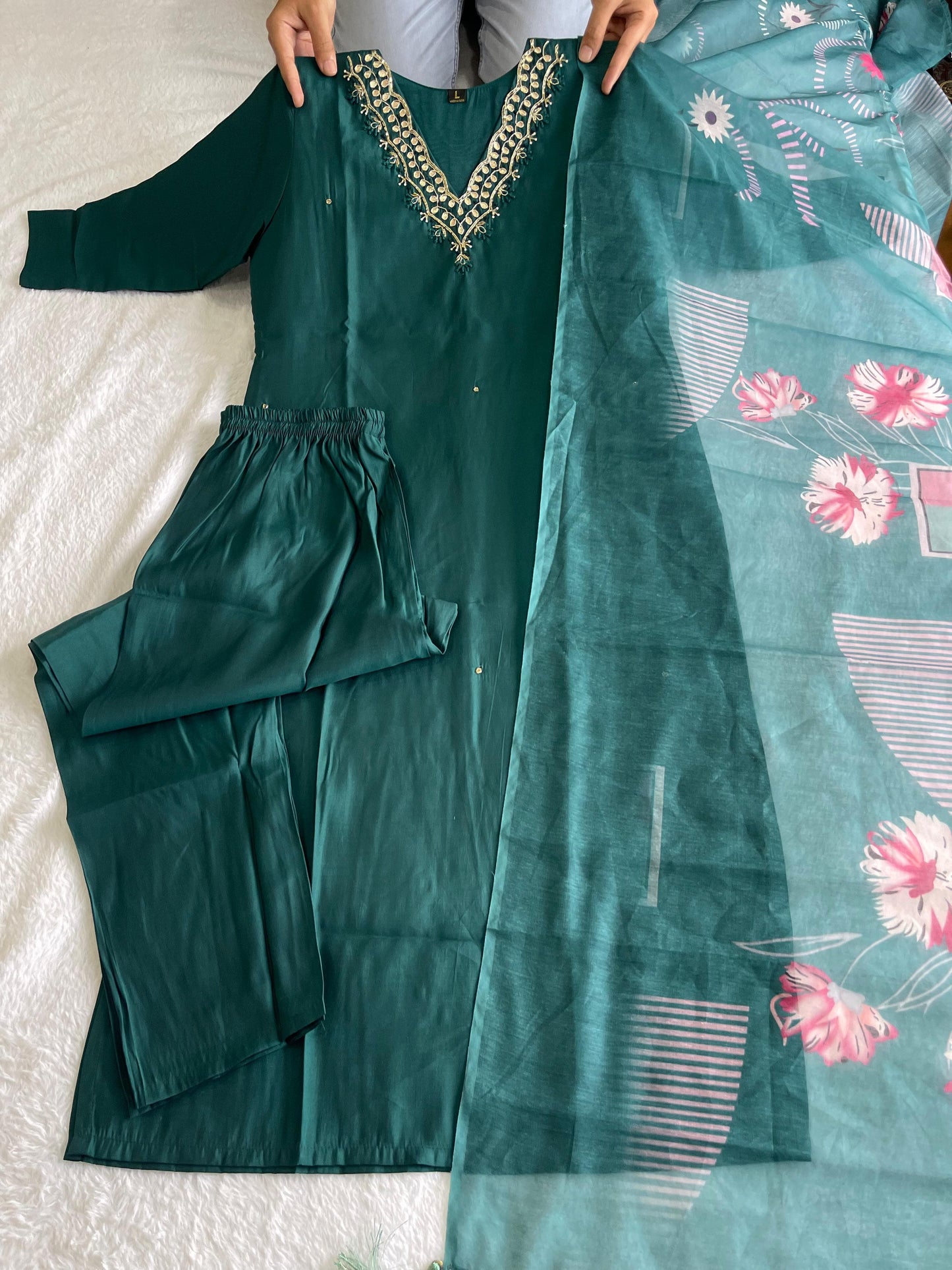 Premium Roman Silk Hand Work Kurti Set