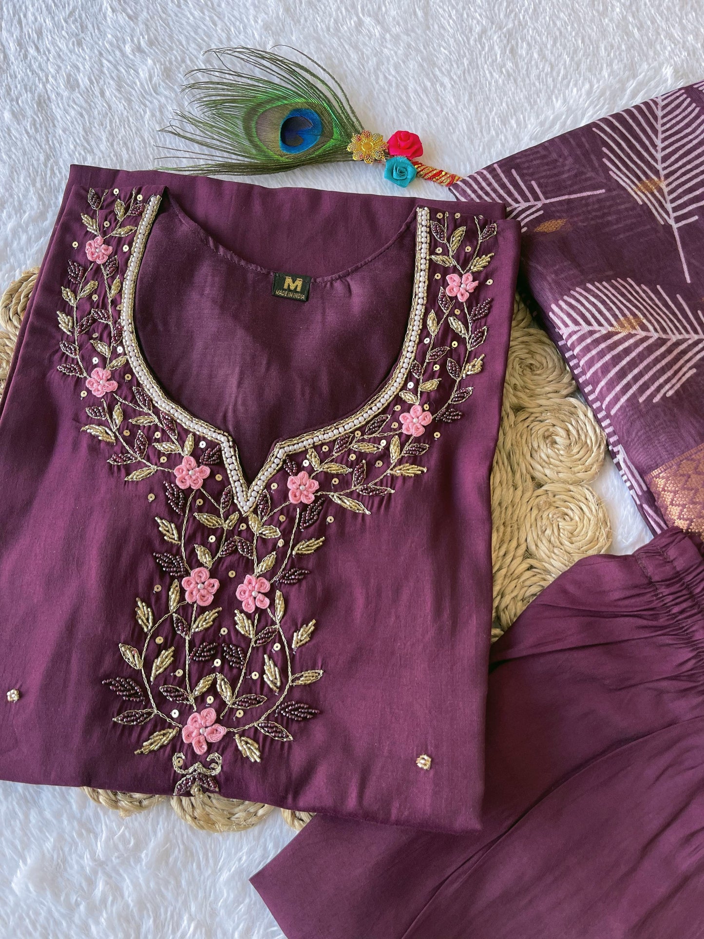 Traditional Vibes Roman Silk Hand Work Kurti Set With Outstanding Printed Design