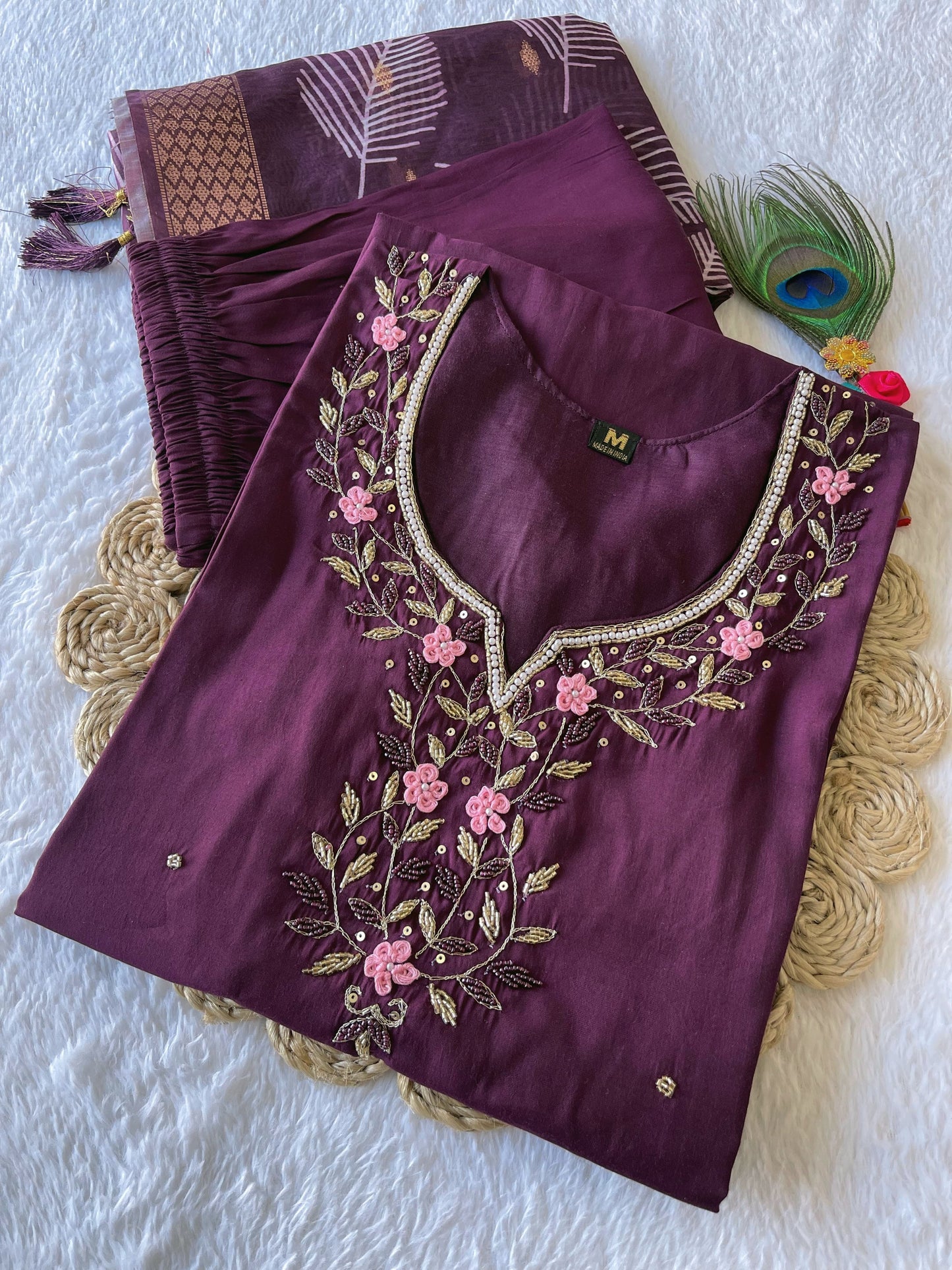 Traditional Vibes Roman Silk Hand Work Kurti Set With Outstanding Printed Design