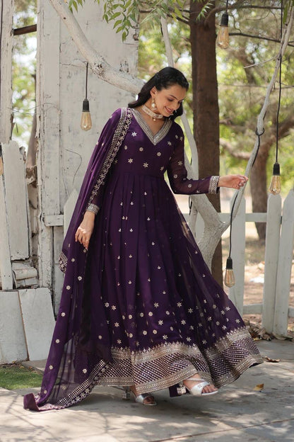 V- Neck Designer Embroidery Work Long Gown With 3.5 Mtr Flair