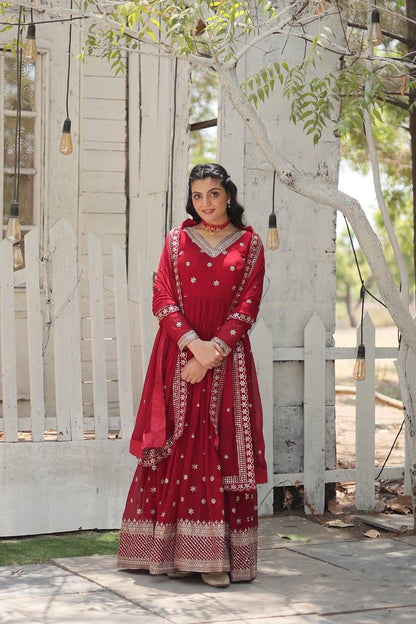 V- Neck Designer Embroidery Work Long Gown With 3.5 Mtr Flair