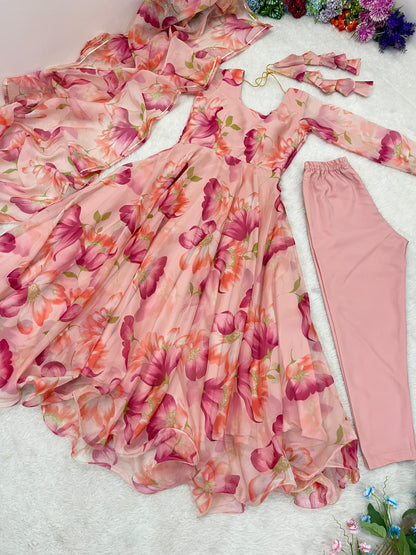 Heavy Rayon Pink Flower Printed Gown