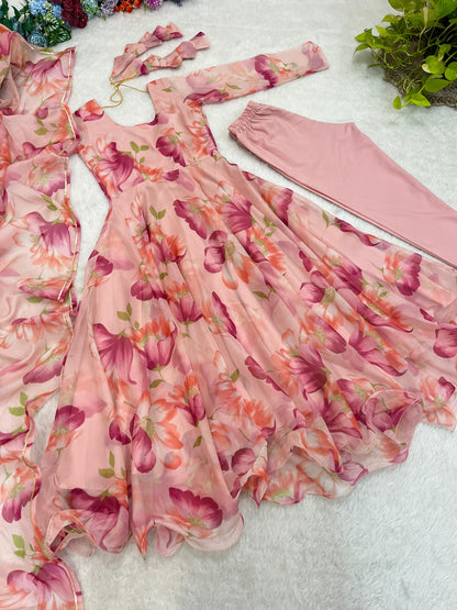 Heavy Rayon Pink Flower Printed Gown