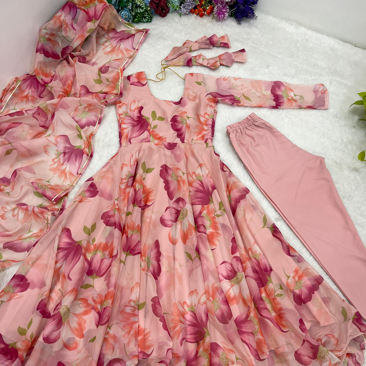 Heavy Rayon Pink Flower Printed Gown