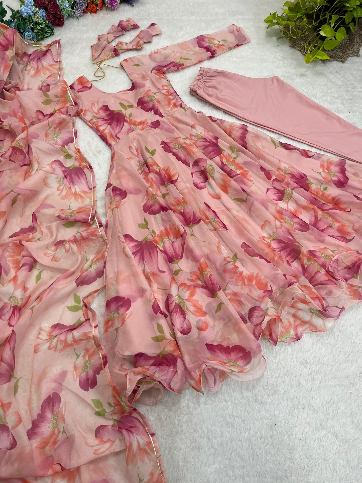 Heavy Rayon Pink Flower Printed Gown