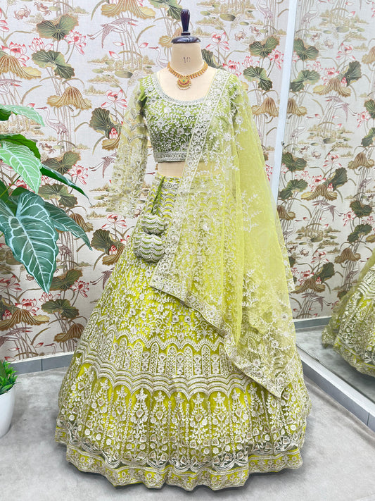 Net Embroidery Sequence Design Work With Cancan And Canvas Lehenga