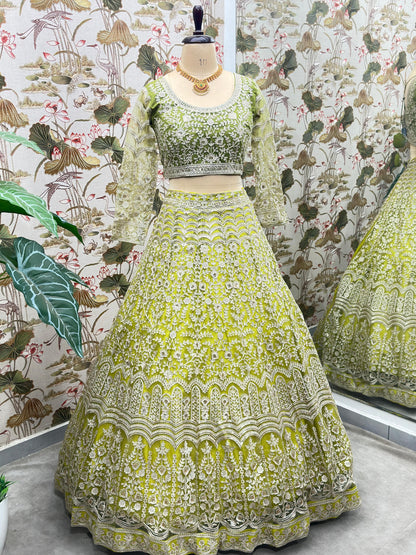 Net Embroidery Sequence Design Work With Cancan And Canvas Lehenga