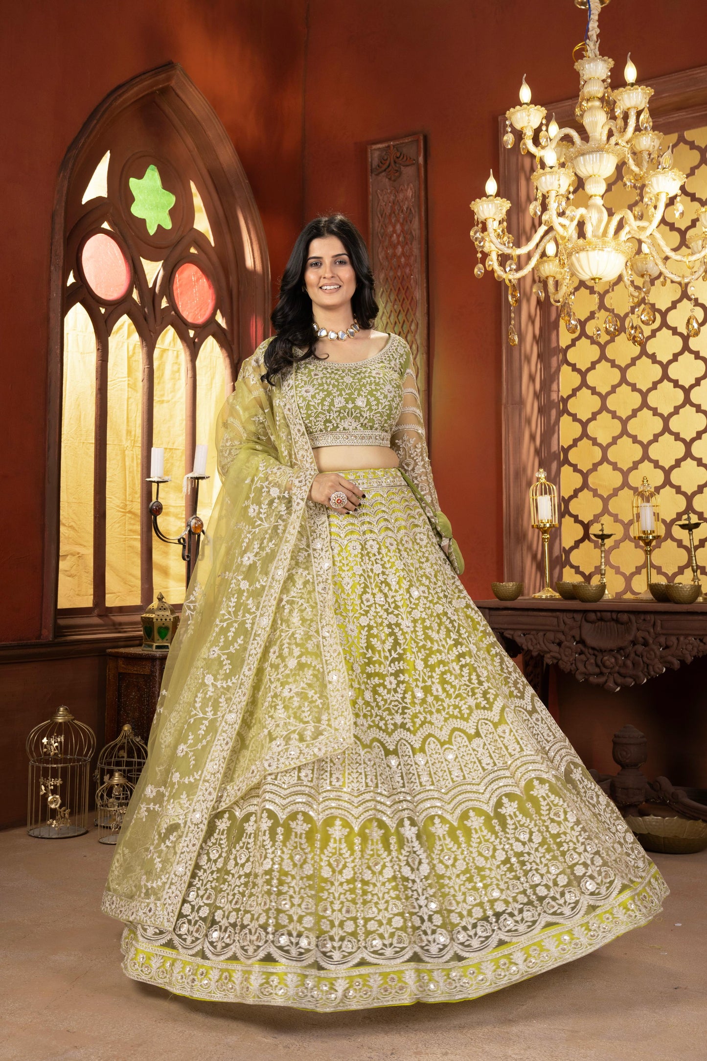 Net Embroidery Sequence Design Work With Cancan And Canvas Lehenga
