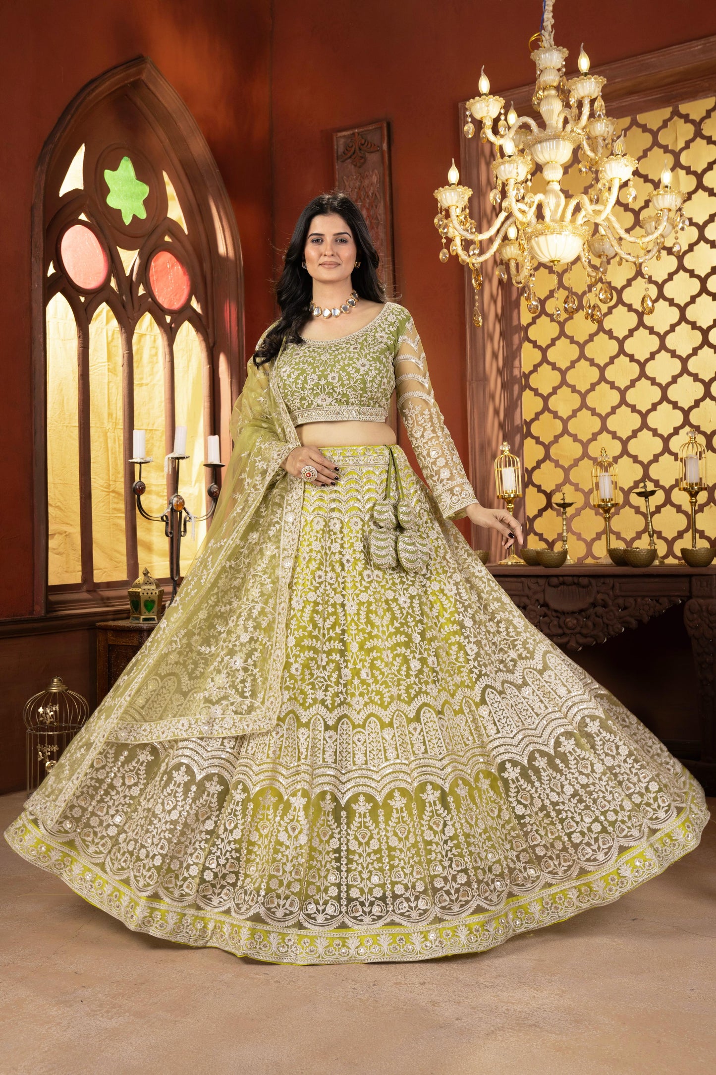 Net Embroidery Sequence Design Work With Cancan And Canvas Lehenga