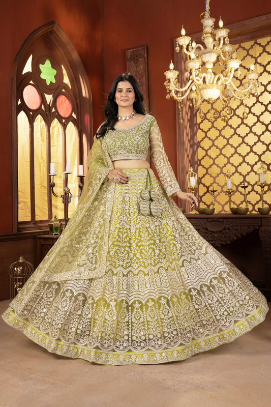 Net Embroidery Sequence Design Work With Cancan And Canvas Lehenga
