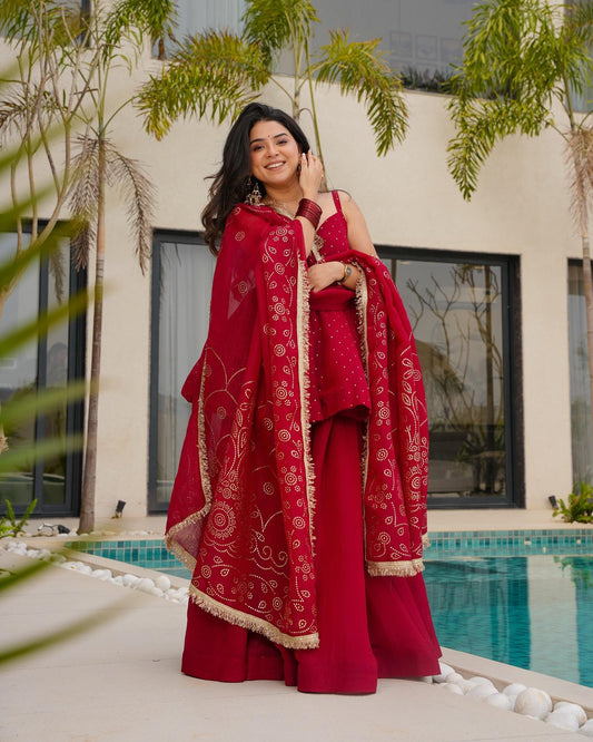PURE TABBY ORGANZA RED COLOR TOP PLAZZO FOR KARWACHAYTH