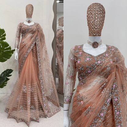 DESIGNER SAREE ON SOFT NET FABRIC WITH THREAD & EMBROIDERED WORK FOR PARTY WEAR